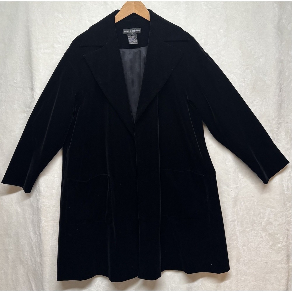 Vtg Andrea Jovine Womens Black Velvet Midi Coat Evening Jacket Oversized Opera